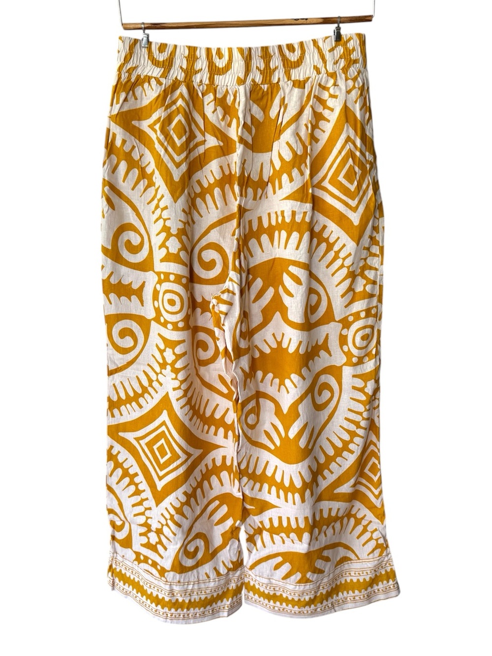 Haute Hippie White Yellow Graphic Linen Rayon Wide Leg Pants Size Large